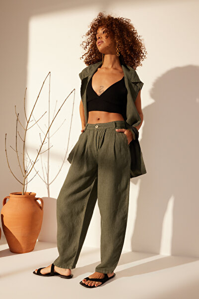 Trendyol Collection Πράσινο 100% λινό ψηλόμεσο βαρέλι παντελόνι TWOSS24JE00243