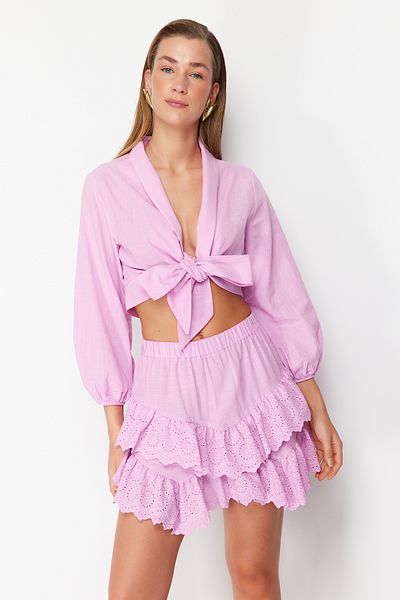 Trendyol Collection Rózsaszín mini szőtt hímzés, részletes, lobogó pamut strandszoknya TBESS24ET00004