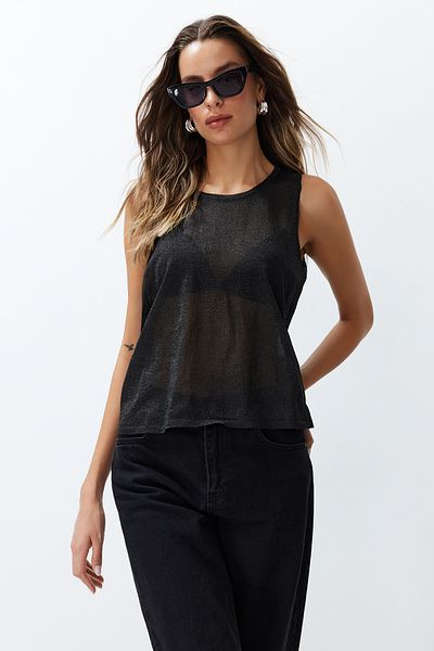 Trendyol Collection Чорна прозора детальна тонка блуза зі светром TWOSS24BZ00146