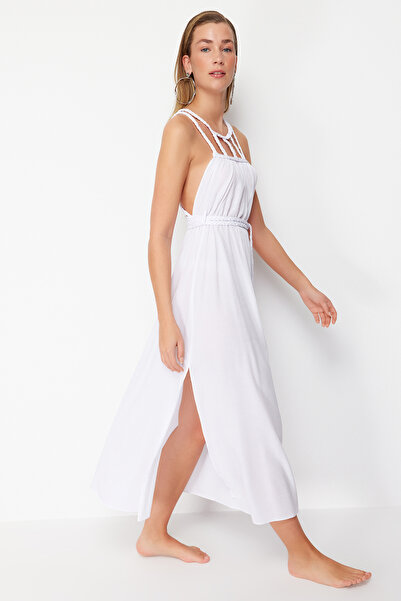 Trendyol Collection Plážové šaty ze 100% bavlny s bílým páskem, tkané maxi tkané TBESS23EL00070