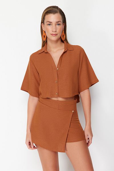 Trendyol Collection Linen Blend Brown Shirt and Shorts Beach Set - Tbess24Au00019