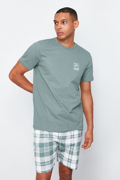 Trendyol Collection Σετ Πιτζάμες Πλεκτά Σορτς με Μέντα με καρό μοτίβο με τυπωμένη κανονική εφαρμογή TMNSS24PT00030