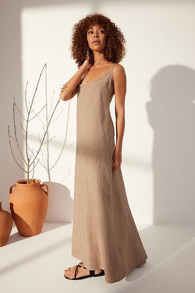 Trendyol Collection Hnědé 100% len zadní detailní Maxi šaty TWOSS24EL00668