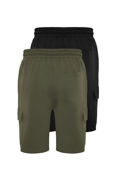 Trendyol Collection Alapszintű fekete-khaki 2 csomagos normál/normál vágású, zsebes, vezetékes gumi derék rövidnadrág TMNSS24SR00041