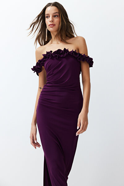 Trendyol Collection Πλεκτό μακρύ κομψό βραδινό φόρεμα με δαμάσκηνο TPRSS24AE00082