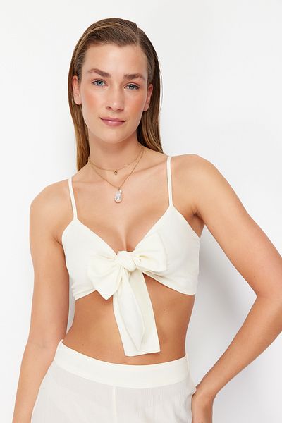 Trendyol Collection Ecru szőtt nyakkendős blúz nadrág strandruha TBESS22AU0108