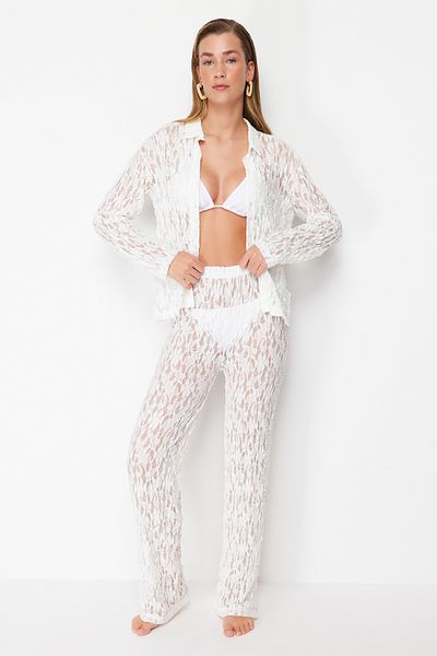 Trendyol Collection Пляжний комплект з білої мереживної сорочки та штанів Orme TBESS24AU00051