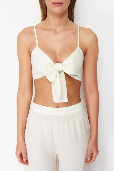 Trendyol Collection Ecru szőtt nyakkendős blúz nadrág strandruha TBESS22AU0108