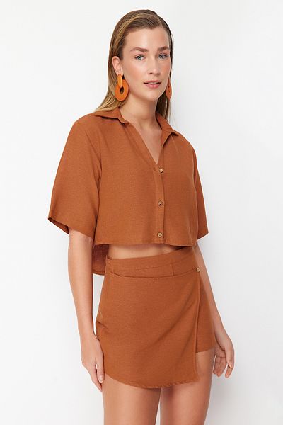 Trendyol Collection Linen Blend Brown Shirt and Shorts Beach Set - Tbess24Au00019
