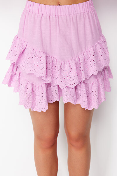 Trendyol Collection Pink Mini Woven Brode Detailed Skirt TBESS24ET00004