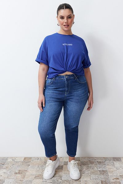 Trendyol Curve Plus Size Oversize Cotton T-Shirt - Saks Slogan Print, Tbbss24Bf00018