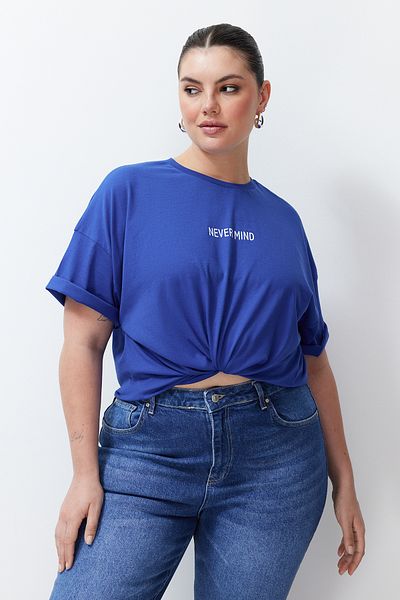 Trendyol Curve Plus Size Oversize Cotton T-Shirt - Saks Slogan Print, Tbbss24Bf00018