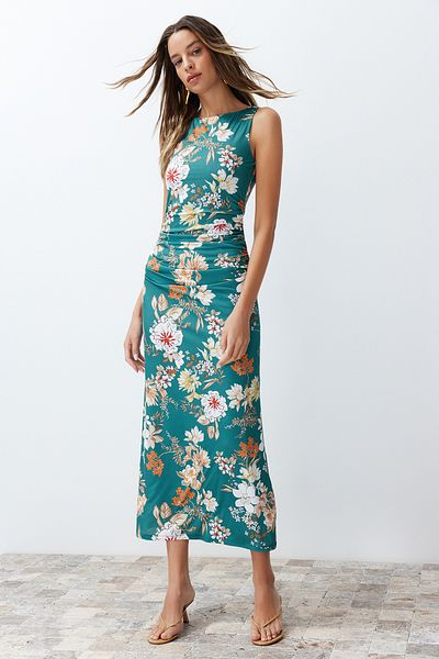 Trendyol Collection Πράσινη φλοράλ εμπριμέ φωτεινή επιφάνεια καγιάκ βράχου σώμα Εφαρμογή εύκαμπτο πλεκτό μολύβι TWOSS24EL00528