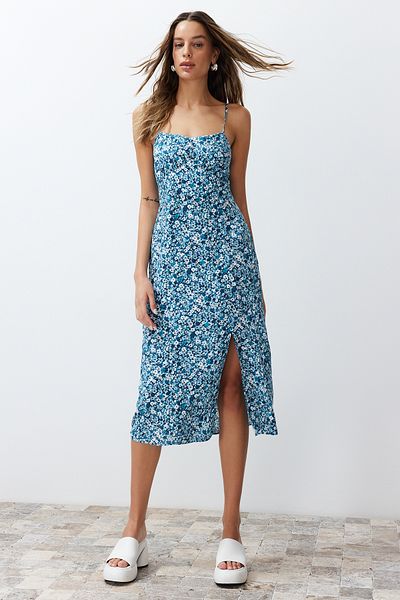 Trendyol Collection Rochie țesută cu detaliu albastru cu imprimeu floral TWOSS23EL02295