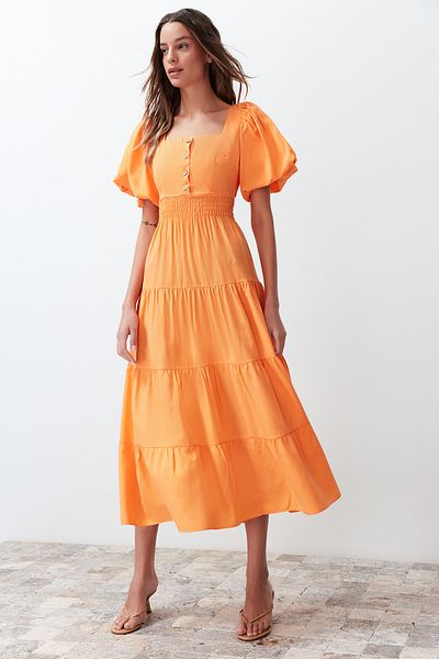 Trendyol Collection Orange Waist Opening Gipe and Back Detailed Square Collar Maxi Woven Dress TWOSS24EL00431
