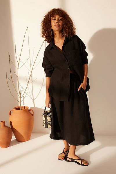 Trendyol Collection Fustă midi neagră 100% in cu talie elastică TWOSS24ET00153