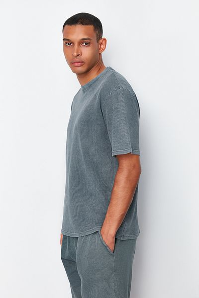 Trendyol Collection Μπλουζάκι Anthracite Premium Texture Oversize - Ξεθωριασμένο εφέ, ευρεία εφαρμογή TMNSS24TS00087