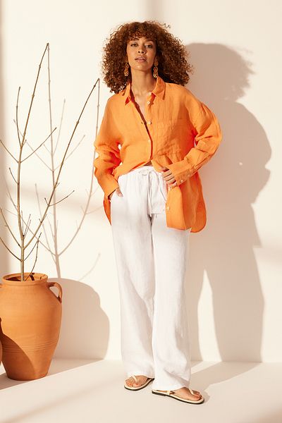 Trendyol Collection Narancssárga 100% lenvászon Oversize ing TWOSS23GO00443