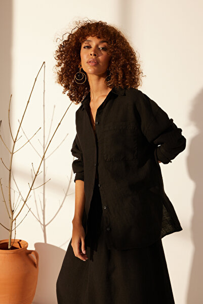 Trendyol Collection Black 100% Linen Oversize Shirt TWOSS23GO00443