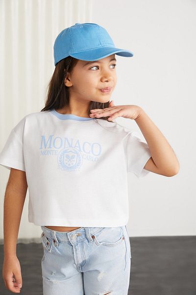 GRIMELANGE BITTEN T-Shirt für Mädchen, 100 % Baumwolle, bedruckt, Kragen in Kontrastfarbe, kurzärmlig, blau