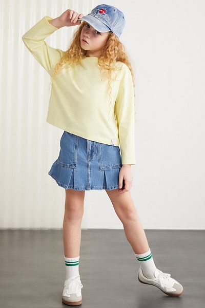 GRIMELANGE Μπλουζάκι Nicola Girl's 100% βαμβακερό μακρυμάνικο Crew Crop κίτρινο μπλουζάκι