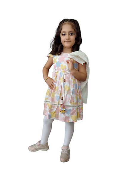 Gamzelim Rochie și cardigan pentru copii, 100% bumbac, cu flori, set de 2 piese, rochie cu detaliu din guipură, tricotaje cu nasturi, cardigan