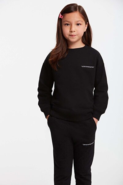 GRIMELANGE Jabor Kız Çocuk Nakışlı Bisiklet Yaka Comfort Siyah Eşofman Takımı