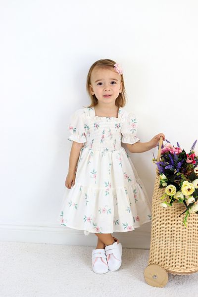 COLORED BABY Girl's Gipe Detailed Watermelon Sleeve Cotton Lined Floral Dress