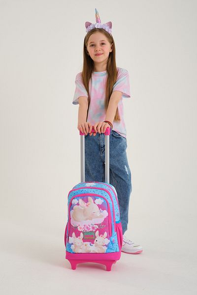 Coral High Rucsac școlar cu racletă cu trei compartimente cu model iepure roz albastru 23936