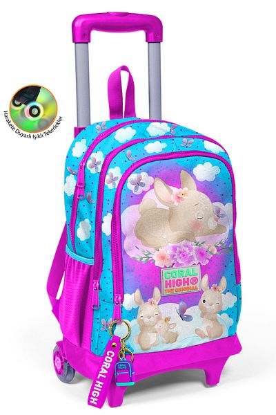 Coral High Rucsac școlar cu racletă cu trei compartimente cu model iepure roz albastru 23936