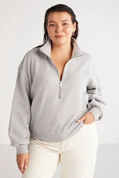 ETHIQUET Lucıebb Women's Fleece Inside Soft Comfort Fit Half Zipper Grimelange Large Size Sweatshirt