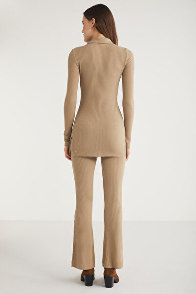 ETHIQUET Suisana Women's Slim/Slim Fit Straight Fit Slit Detailed Elastic Waist Beige Trousers