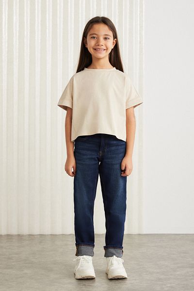 GRIMELANGE Tricou pentru fete Verena, 100% bumbac, cu mâneci duble, cu etichetă ornamentală, bej