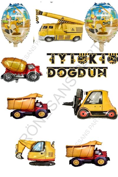 MYLOCK Set of 6 Construction Vehicles, Round Foil Balloon and Happy Birthday ...