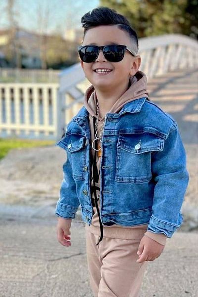 Riccotarz Boy's Denim Jacket King Printed Hooded Beige Tracksuit Set