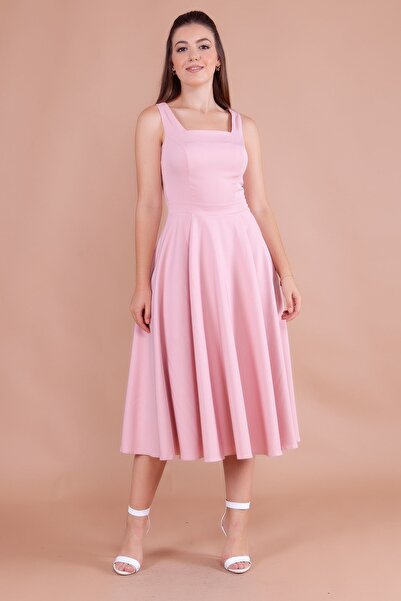 bayansepeti Kadın Esnek Atlas Kumaş Kalın Askılı Kare Yaka Kloş Kesim Midi Bo...