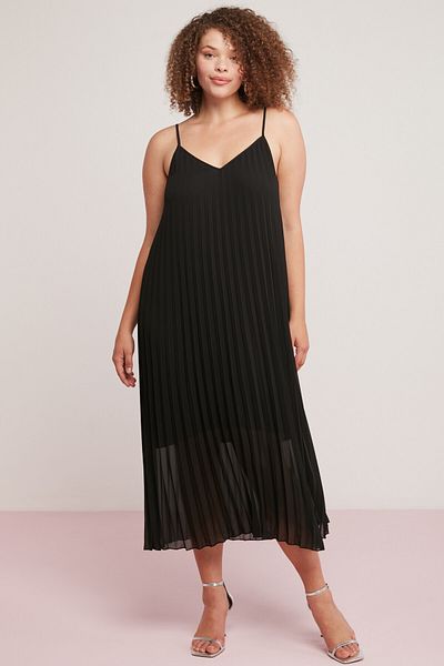 ETHIQUET Opelia Women's Pleated Chiffon Sleeveless Thin Strap Black Plus Size Dress