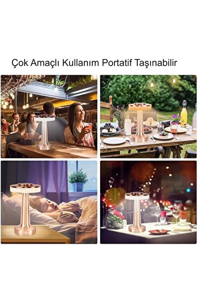 HyMark Retro Şarjlı Dekoratif Dokunmatik Metal Masa Lambası 3 Renk Mod Dim Edilebilir