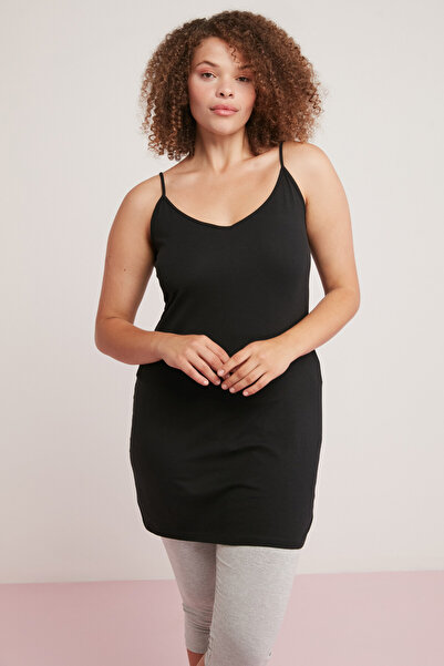 ETHIQUET Sabına Women's Cotton Long Size Body Completely Fitting Strap Sleeveless Black Plus Size Body