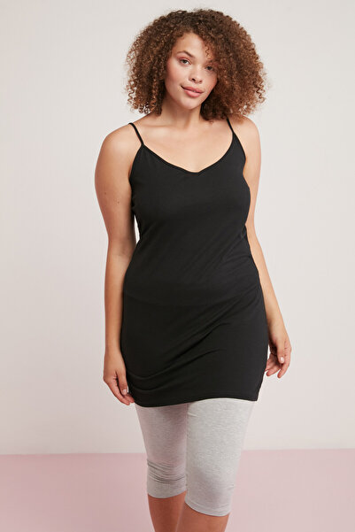 ETHIQUET Sabına Women's Cotton Long Size Body Completely Fitting Strap Sleeveless Black Plus Size Body