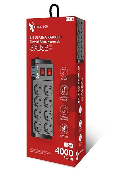 MATECHNO 8 Pieces Extension Cable with Thermal Current Protection 3xUSB 2 Mt 16 Ampere
