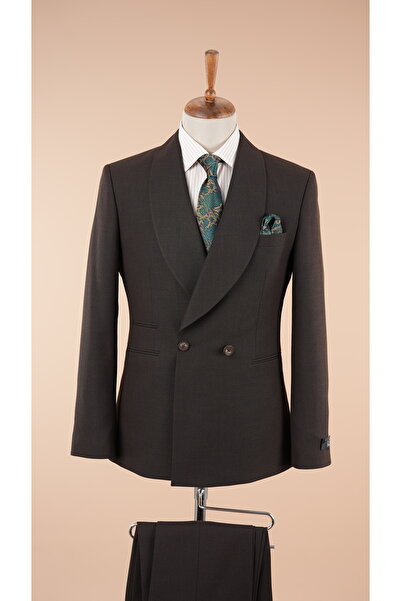 LONATOLİA Erkek Kruvaze Takım Elbise Şal Yaka İtalyan Stil Slim Fit Ceket Pantolon-Acı Kahve