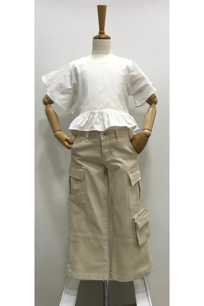 Çikoby KIZ ÇOCUK KARGO TAŞ RENGİ JEAN PANTOLON