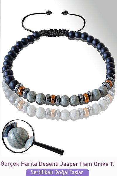 Tesbih Atölyesi Certified Real Onyx - Hematite - Map Jasper Stone Bracelet - Adjustable
