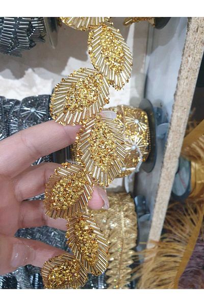 ESRA ŞELEM Iron-On Gold Yellow Color Leaf Pattern Stoned Decorative Strip Accessory