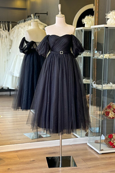 Lenta Moda Siyah Simli Drapeli Midi Boy Kemer Detaylı Transparan Abiye ve Gece Elbisesi