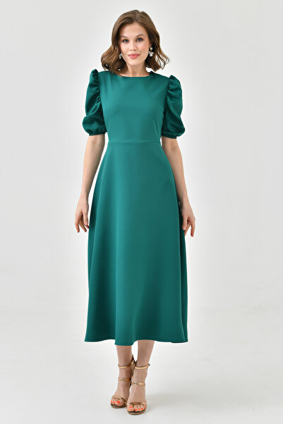 lovebox Γυναικείο κοντό μανίκι με στρογγυλή λαιμόκοψη, ελαστικό κρεπ ύφασμα μίντι, πράσινο φόρεμα 092