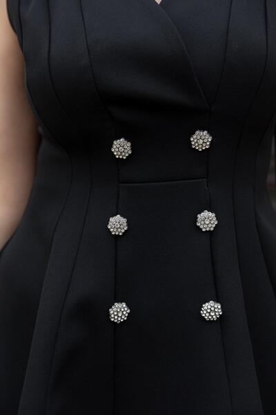 vuvutasarım Kadın Düğme Detaylı Kolsuz Kruvaze Yaka Siyah Kloş Abiye Elbise Mezuniyet Elbisesi 9347