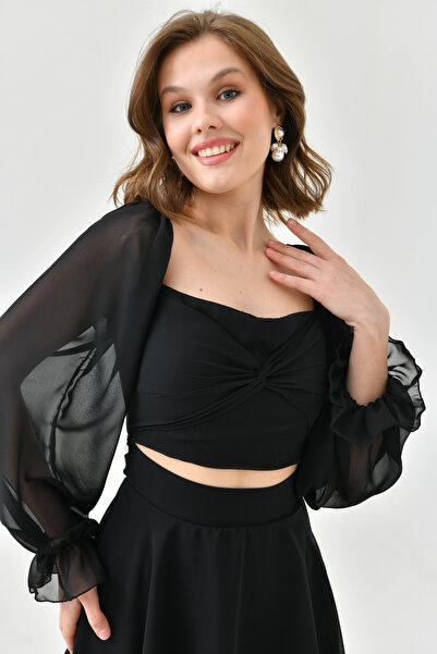 lovebox Astarlı Şifon Kumaş Straplez Yaka Önü Etek Ve Üst Görünümlü Tek Parça Siyah Mezuniyet Elbisesi 013