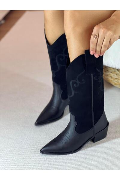 SHOEMARK Maisy Siyah Nakış Detaylı Süet Western Çizme